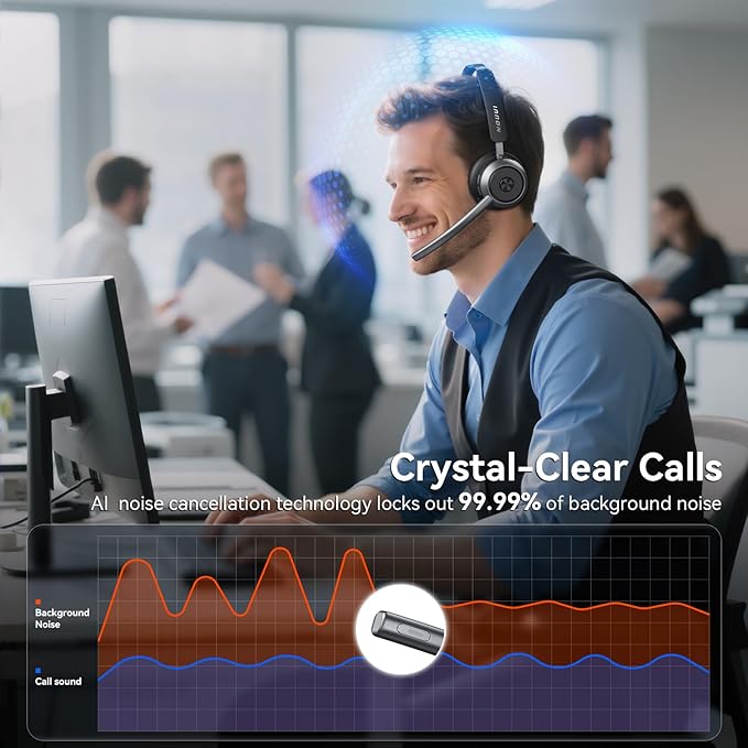 Wireless Headset with Mic for Work, Wireless Headphones with Mic(Noise Cancelling), Bluetooth Headset with Microphone, Mute Button & Charge Base for Work from Home/PC/Call Center/Computer/Zooms/Teams