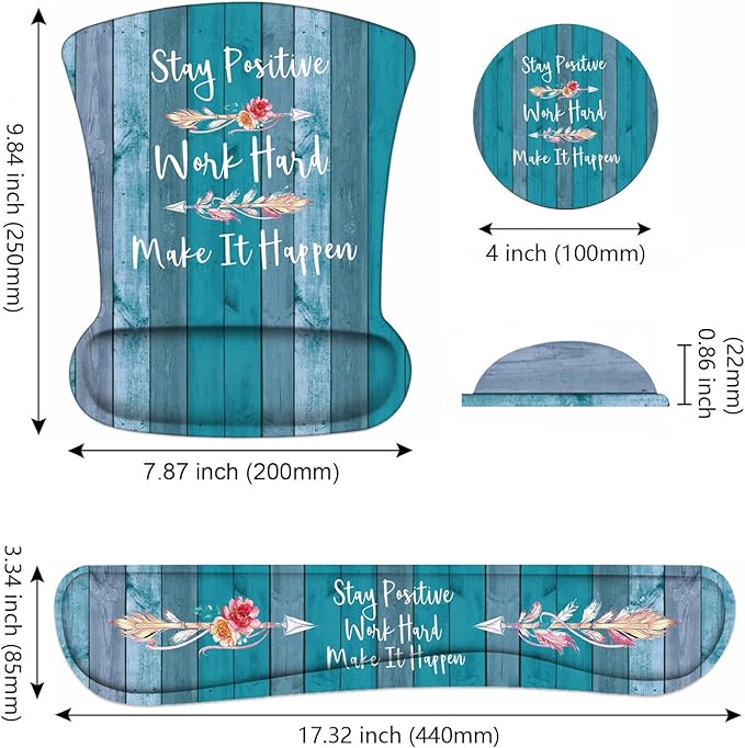 Keyboard Wrist Rest and Mouse Pad Wrist Support Set with Coasters, Stay Positive Work Hard and Make It Happen Inspirational Quote Wrist Mouse Pad with Non-Slip PU Base for Home Office Working Studying