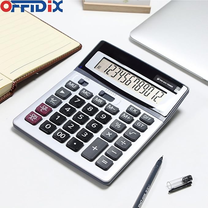 OFFIDIX Large Key Dual Power Electronic Calculator, Portable 12 Digit Large LCD Display Desk Calculator for Daily and Basic Office