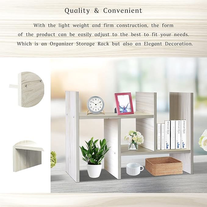 J.M.Deco Desktop Organizers and Storage for Office, Adjustable Desk Organizer Shelf Double H Display, True Natural Stand Shelf, Desktop Organizer White Wood Tone