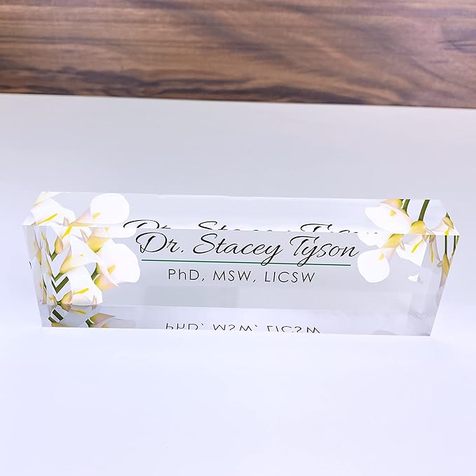 Artblox Office Desk Name Plate Personalized | Custom Name Plates for Desks | Calla Flowers Design On Clear Acrylic Glass | Office Desk Decor - (8" x 2.5")