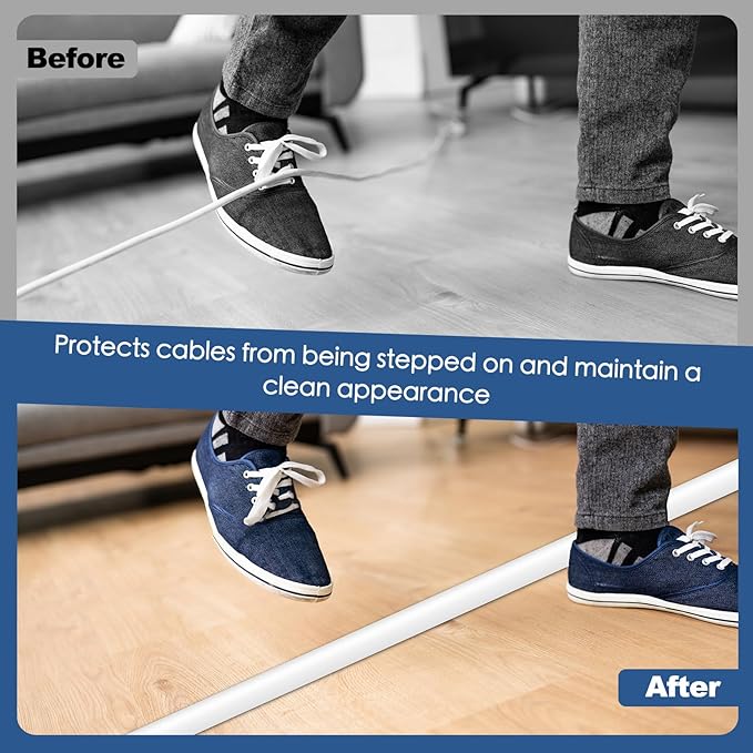 Floor Cord Cover for Wires on Floor Self Adhesive Cord Hider Floor Cable Management Wire Covers for Cords Protector Prevent Cable Trips Cord Cavity W 0.32" x H 0.32", White, 3.3Ft