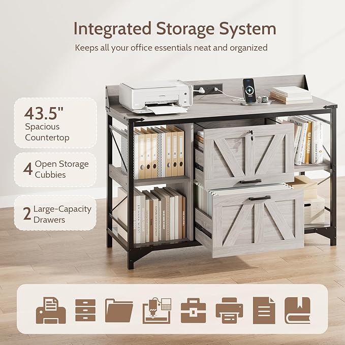 44" File Cabinet, Lateral Filing Cabinet for Home Office with 2 Drawers, Office Storage Cabinet with Lock and Key, Wooden Printer Stand with 4 Storage Shelves and Power Outlets