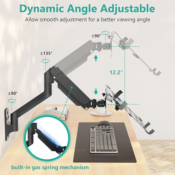 WALI Laptop Wall Mount, Full Motion Adjustable Laptop Arm Fits 10 to 17inch Notebook, 2-in-1 Monitor Wall Mount for 17 to 32inch Computer Screen, Holds up to 15.4-22lbs(GSWM001LP), Black