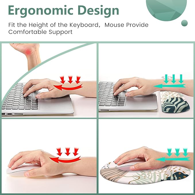iLeadon Mouse Pad Wrist Support Keyboard Wrist Rest Set, Ergonomic Mouse Pad with Non-Slip Base for Computer Laptop Home Office + Coasters, Easy Typing & Pain Relief Mouse Mat, Tropical Plants