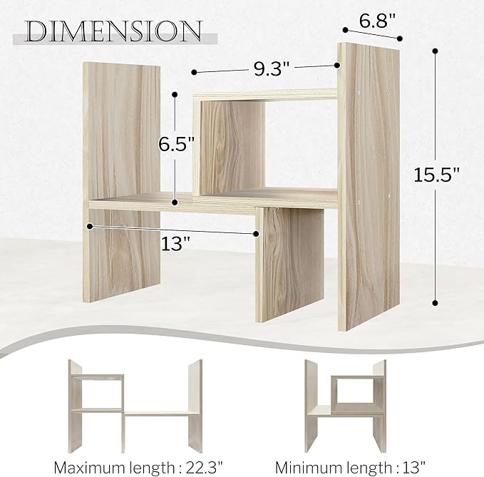 Jerry & Maggie Desktop Organizer Office Storage Rack Adjustable Wood Display Shelf, White, 5 Units, 16"L x 15.8"H x 6.8"W