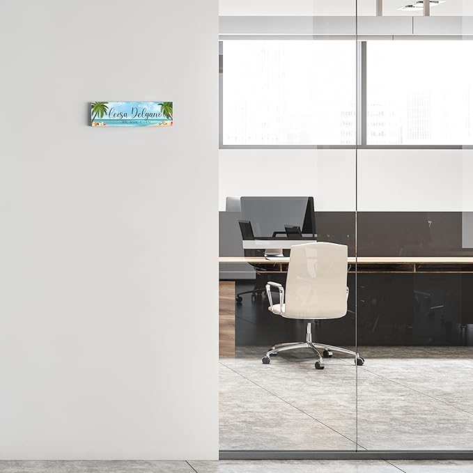 Artblox Personalized Office Desk Name Plate and Business Card Holder | Clear Acrylic Glass with Teak Wood Stand | Sand Beach Design Customized with Your Name and Credentials Office Desk Decor