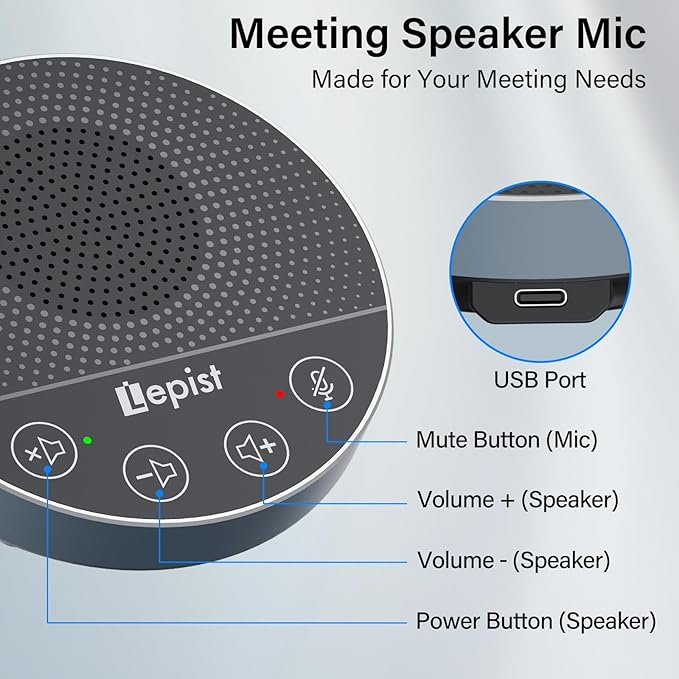 CMOCIIY USB Speakerphone,Conference Microphone for Home Office, Omnidirectional Desktop PC Speaker with 360° Voice Pickup, Noise Cancelling, Plug & Play for Zoom/Teams/Skype, Webinar,Online Classes