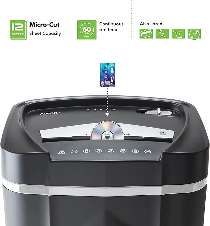 Aurora Professional Grade High Security 12-Sheet Micro-Cut Paper/CD and Credit Card Shredder/ 60 Minutes Continuous Run Time