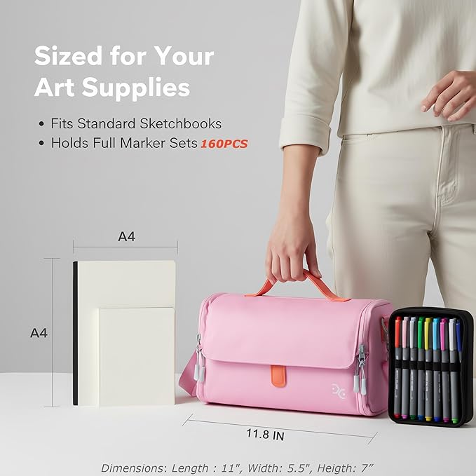 Togood Marker Pens Storage Tote Handbag, Up to 160 Pens, Pink Crossbody Bags Causal Shoulder Bag for Artists Hobbyist