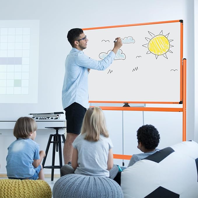 Large Dry-Erase Rolling Magnetic Whiteboard - 48 x 32 Inches Dry Erase Board with Stand Height Adjust Double Sides Mobile White Board Easel on Wheels with 25 Sheets Paper Pad Office, Home & Classroom