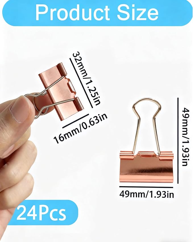 Konilaomu 24Pcs Binder Clips 1.25in Reusable Paper Clamps Clips Binder Paper Clips for Office Supplies, Document Storage, Study Room, School (Rose Gold)