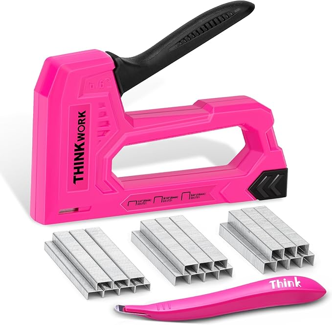 THINKWORK Light Duty Staple Gun, Pink Upholstery Staple Gun for Wood with 1600pcs JT21 Staples 1/4", 5/16", 3/8" and Staple Remover, Women Fabric Stapler Gun for Crafts, Wall, Arts, DIY, Decoration