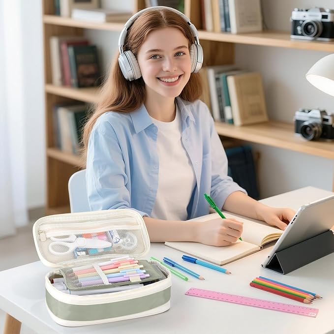 Large Capacity Pencil Case with Zipper, Aesthetic Pencil Pouch, Portable Stationery Organizer Bag for Teen and Adults, Big Pencil Bag for College, Office, Travel