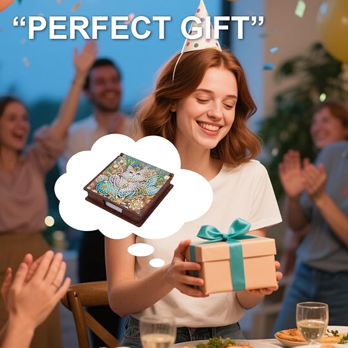 Wooden DIY White Cat Diamond Art Notecard Box – DIY Gem Art Sticky Note Holder for Adults 160 Sheets Memo Pad Storage