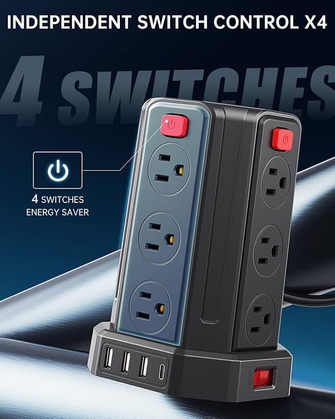 Power Strip Surge Protector, 10 Ft Extension Cord with 12 AC Multiple Outlets 4 USB (1 USB C), SMALLRT Power Tower Desktop Charging Station (Black, 10 FT)