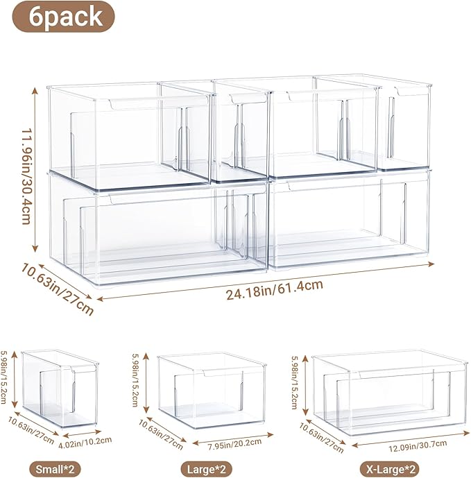 Clear Plastic Storage Bins 6 Pack, Large Stackable Storage Containers with Dividers, Tall 6" Thicken Storage Drawer Organizer Boxes for Pantry Kitchen Cabinets Fridge Vanity Makeup Craft C6-4