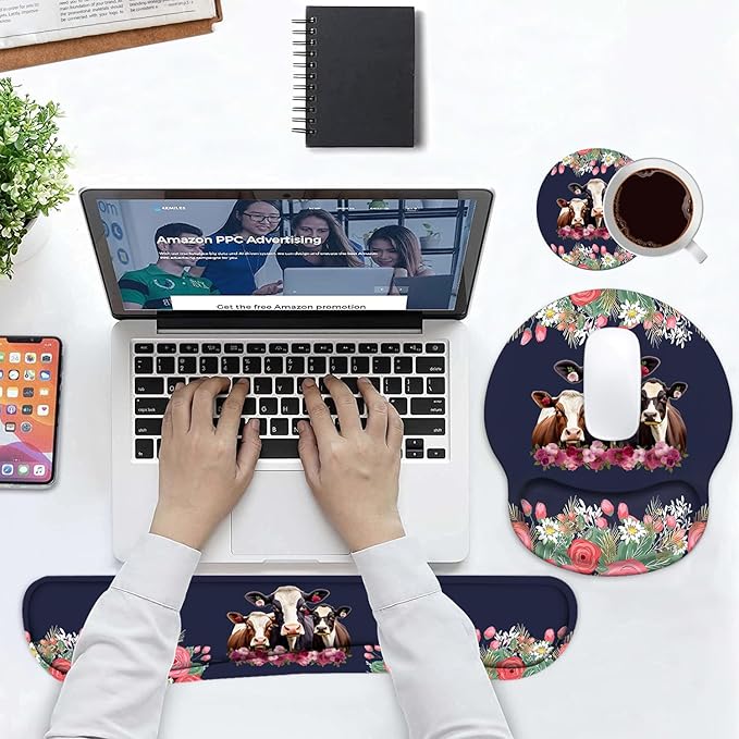 Keyboard Wrist Rest and Mouse Pad Wrist Support Set, Non-Slip PU Base Ergonomic Gaming Mousepad for Home Office Working Studying Easy Typing & Pain Relief - Floral Quote Funny Cows Combination