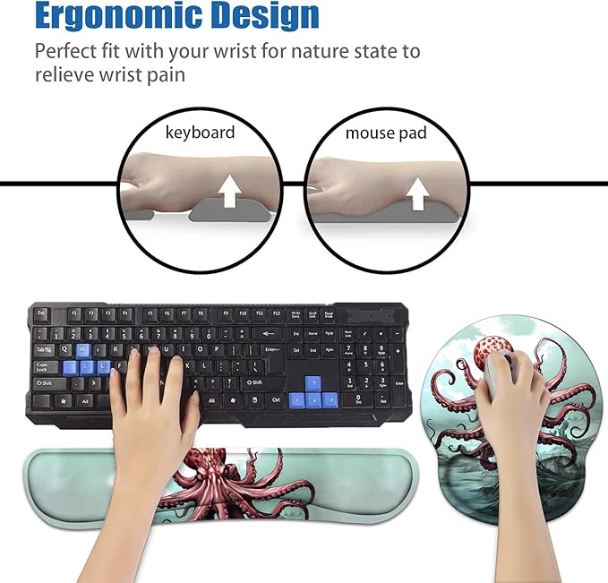 Keyboard Wrist Rest and Mouse Pad Wrist Support Set with Coasters, Non-Slip PU Base Ergonomic Gaming Mousepad for Home Office Working Studying Easy Typing & Pain Relief - Red Octopus
