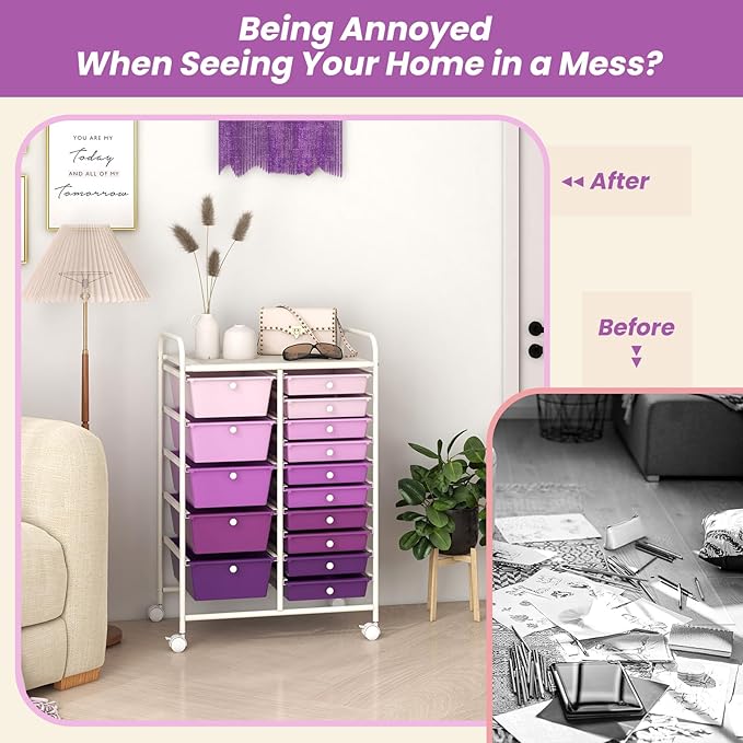 ARLIME 15-Drawer Storage Cart, 15 Drawer Trolley, Rolling Organizer Cart, Scrapbook Paper Organizer, Suitable for Office and School, Rolling Office Storage Tools (Purple Gradient)