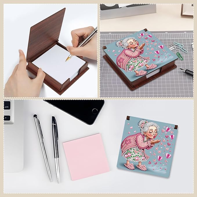 Wooden DIY Cute Old Lady Diamond Art Notecard Box – DIY Gem Art Sticky Note Holder for Adults 160 Sheets Memo Pad Storage