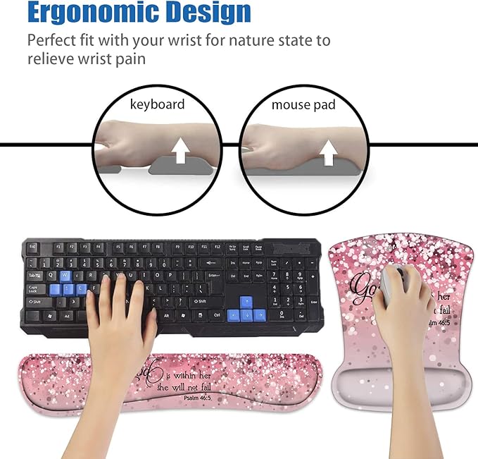 Keyboard Wrist Rest and Mouse Pad Wrist Support Set with Coasters, Bible Verses Psalm 46:5 with Non-Slip PU Base Ergonomic Gaming Mousepad for Computer Laptop Home Office Easy Typing & Pain Relief