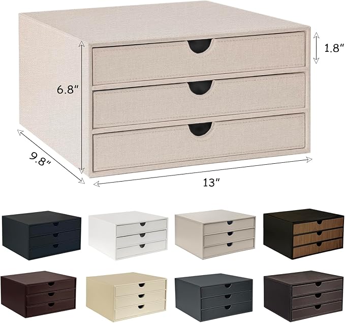 UnionBasic Document Organizer, 3-Drawer File Cabinet Document Storage Box, Office Desktop Filing Organizer, Black with White Stitching