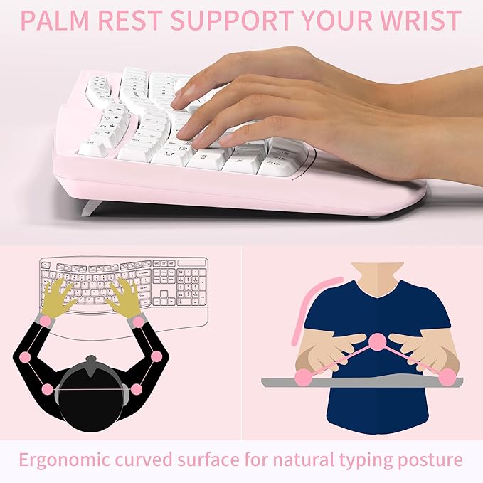 Ergonomic Wireless Keyboard and Mouse Combo, Wave Keys Keyboard with Wrist Rest for Natural Typing, 3 DPI Adjustable Ergonomic Silent Mouse for Computer/Laptop/Windows/Mac (Pink)