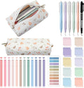 Jutom 39 Pcs Aesthetic Book Annotation Kit Highlighter with Pencil Case Bag Gel Pen Transparent Sticky Note Taking Bible Study College School Supplies(Beige,Floral Style)