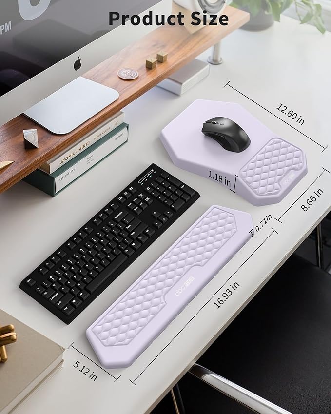 Ergonomic Mouse Pad and Keyboard Wrist Rest Support Set, Massage Design Mousepad for Carpal Tunnel Pain Relief, Memory Foam, Non-Slip PU Base for Computer Desk, Purple