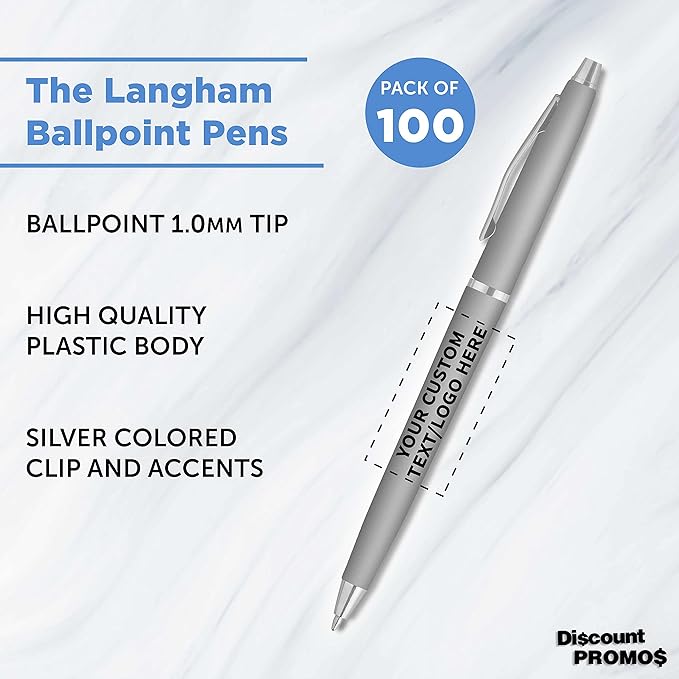 DISCOUNT PROMOS Custom Langham Ballpoint Pens Set of 100, Personalized Bulk Pack - Black Ink, Great for Office, School, Business, Tradeshows - Silver