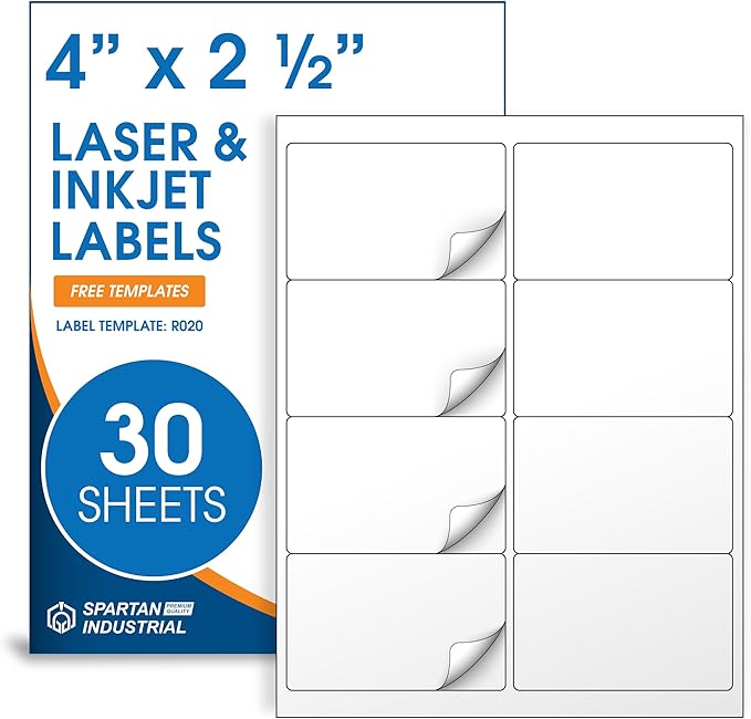4" X 2 1/2" Printable Shipping Address Labels Compatible with Inkjet and Laser Printers - 30 Sheets, 240 Total Matte White Paper Stickers for Mailing - Spartan Industrial Template R020