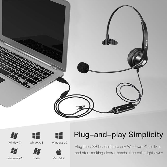 Callez USB Headset with Microphone Noise Cancelling & Audio Controls, Wideband Computer Headphones for Business UC Skype Lync Softphone Call Center Office, Clearer Voice, Super Light, Ultra Comfort
