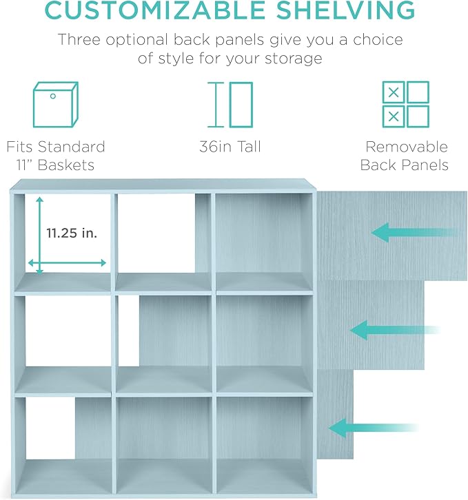 Best Choice Products Kids Bookcase 9-Cube Storage Organizer, 11in Shelf Opening, Bookshelf, Toy Storage, Customizable w/ 3 Removable Back Panels – Light Blue
