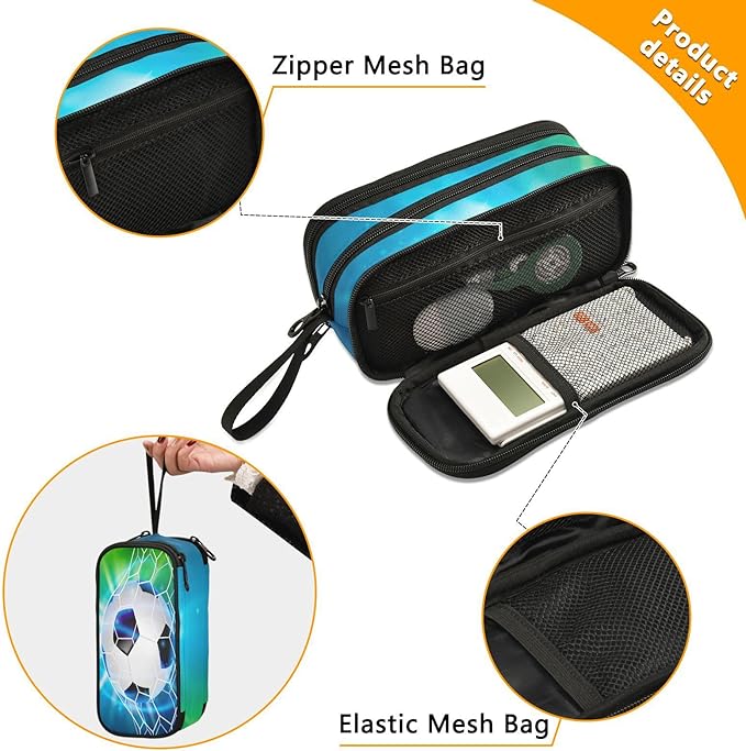 Soccer Football on Field Pencil Case Box Boys Girls Large Pencil Pouch with Zipper Compartments Big Capacity Stationery Pen Bag Organizer for Kids Teens Adults School