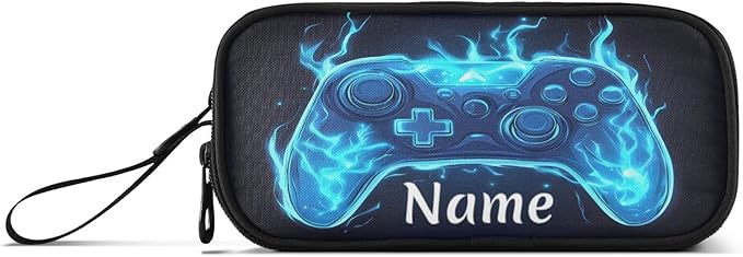 Custom Joystick Gamepad Blue Flame Pencil Case Box Boys Girls Personalized Name Large Pencil Pouch Stationery Pen Bag Organizer for Kids Adults School Office