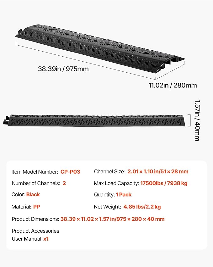 VEVOR 1 Pack Drop Over Cable Cover, 2 Channel Heavy Duty Cable Hose Protector Ramp, 38.3'' Floor Cord Cover, 17,500 lbs/Axle Load Capacity, for Traffic Areas, Indoor, Outdoor, Home, Office, Warehouse