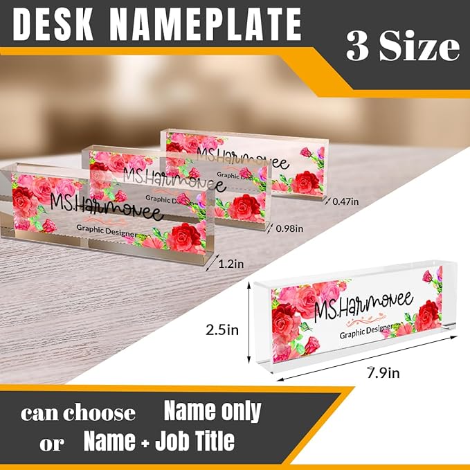 Personalized Office Desk Name Plate - Custom Acrylic Decor Accessories, Gift for Women (Pink Rose) 731