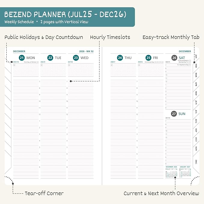 BEZEND 2026 Planner Weekly and Monthly (6" x 8.5") Daily Calendar Book with Tabs (Jul 25-Dec 26) Vertical Hourly Timeslots, Storage Pocket, Pen Holder, PU Leather Hardcover - Turquoise