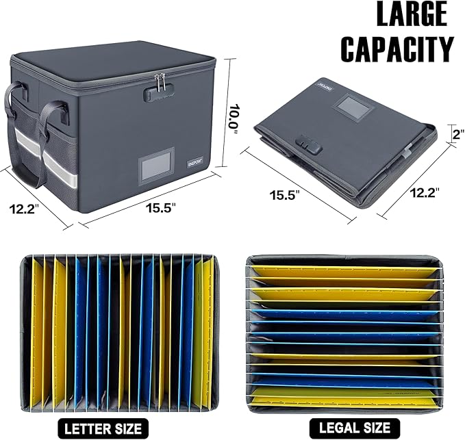 ENGPOW File Box with Lock, Fireproof Document Box with Zipper Lid, Collapsible File Organizer Storage Filing Cabinet with Handle, Portable Home Office Safe for Hanging Letter/Legal Folders, Grey