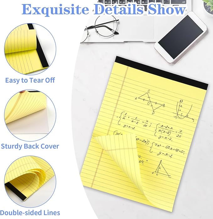 WINKIO Yellow Legal Pads, 3 Pack Writing Pads 8.5 x 11 inch, Micro Perforated Notebooks with Sturdy Back, Wide Ruled, 30 Sheets Per Writing Pad for School, College, Office, Professional