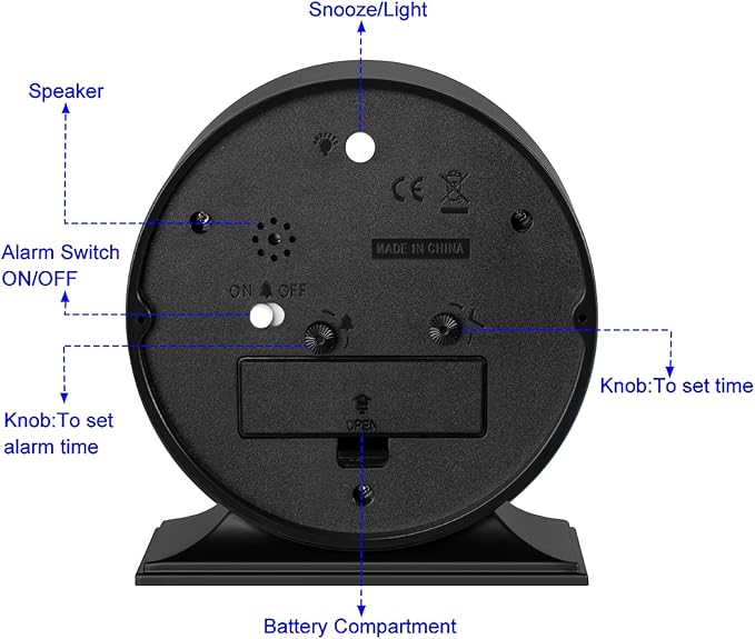 4.5" Antique Retro Analog Alarm Clock, Small Silent Bedside Desk Clock with Manual Light, Battery Operated, Snooze, for Living Room, Bedroom, Bedside, Desk(Black)