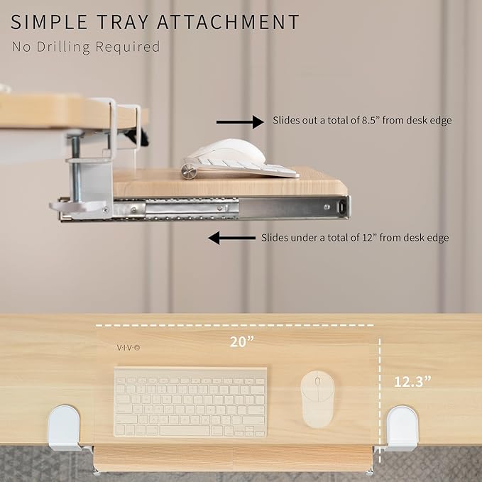 VIVO Small Clamp-on Computer Keyboard and Mouse Under Desk Slider Tray, 20 x 11 inch Pull Out Platform Drawer, Light Wood, MOUNT-KB05ES-A