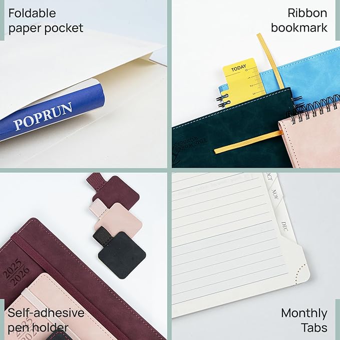 POPRUN Weekly Planner 2025-2026 (Medium 6.5''x 8.5'') Academic Calendar (JUL.25 - JUN.26) Appointment Book with Monthly Tabs, Leather Soft Cover, Inner Pocket, 100 GSM - Lilac