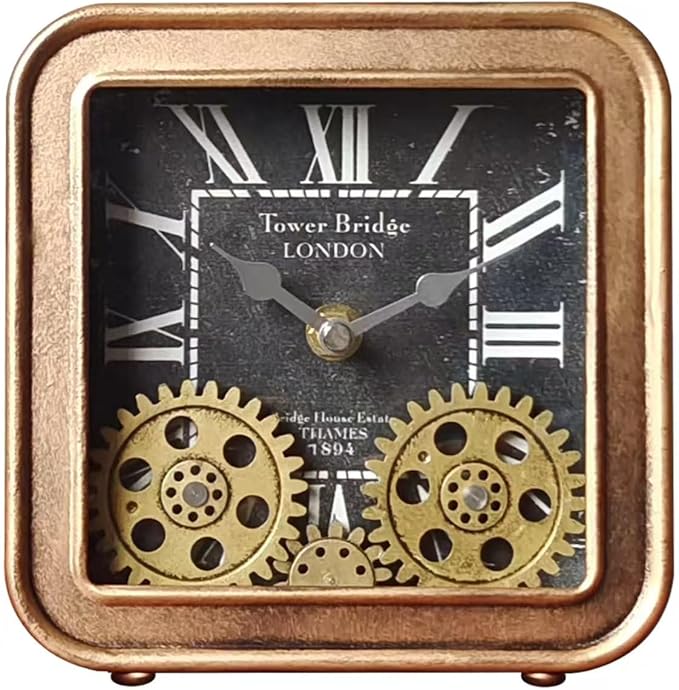 Vintage Desk Clock, 6 inch Metal Table Clocks with Moving Gears, Small Silent Non Ticking Industrial Steampunk Quartz Shelf Clock for Home Office Living Room Desk Decor Battery Operated (GOLD)