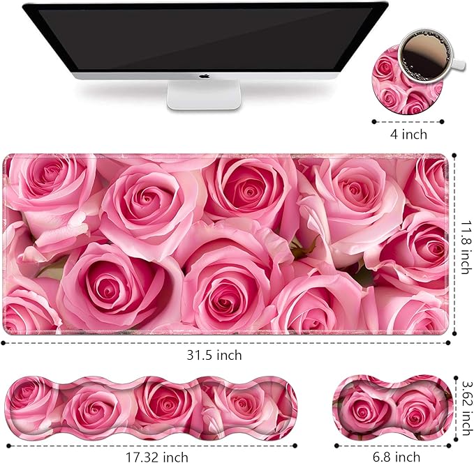 Ergonomic Keyboard Wrist Rest and Mouse Pad Wrist Rest Set, Large XXL Gaming Mousepad 31.5"x 11.8", Memory Foam, Easy Typing Pain Relief, Multifunctional Desk Mat for Office & Home, Pink Roses