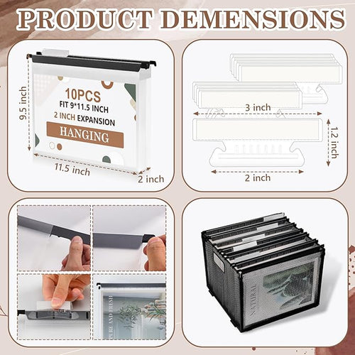 10 Pack Extra Capacity Hanging File Folders Letter Size Plastic File Folder Reinforced Tabs with Heavy Duty 2 Inch Expansion & Black Insert Gasket for Filing Cabinet Durable Hang Folders