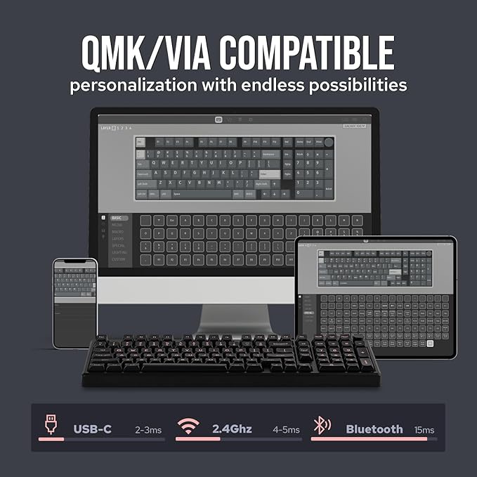 EPOMAKER Galaxy100 QMK/VIA Wireless Gaming Keyboard, Aluminum Shell, BT/2.4Ghz/USB-C, Pre-Lubed Hot-Swappable Linear Switches, NKRO, RGB Backlit (Black, Wisteria Linear Switch)