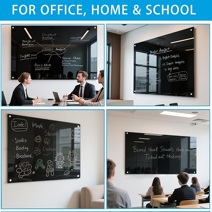 Glass Dry Erase Black Board - Magnetic Blackboard 48"X36" Frameless Whiteboard Clear Glass Boards with Super Strong Magnets, Wall Mounted for Office, Classroom and Home