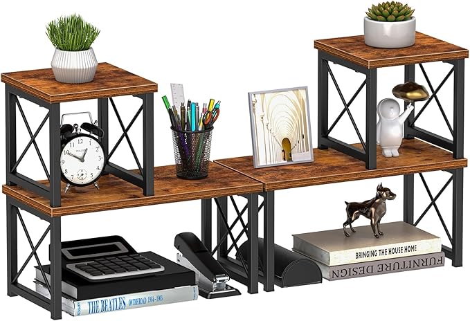 Honiter 2 Sets Desk Shelf, Desktop Organizer Shelf, 2 Tier Independent Stackable Desktop Shelves, Desktop Office Storage Rack Display Shelf